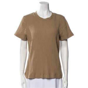 Vince Cropped Ribbed Scoop Neck Sweater Short Sleeve Top in Tan XL Cotton